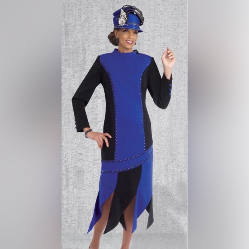 Donna Vinci  11357 Women’s Church Dress  Royal Blue Black Asymmetrical Size 14